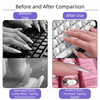 Before and after comparison showing damaged nails versus protected long nails using transparent silicone keyboard stickers