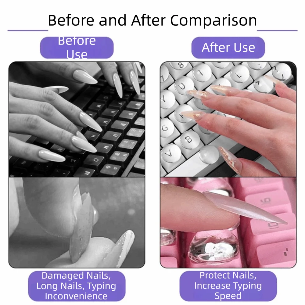 Before and after comparison showing damaged nails versus protected long nails using transparent silicone keyboard stickers