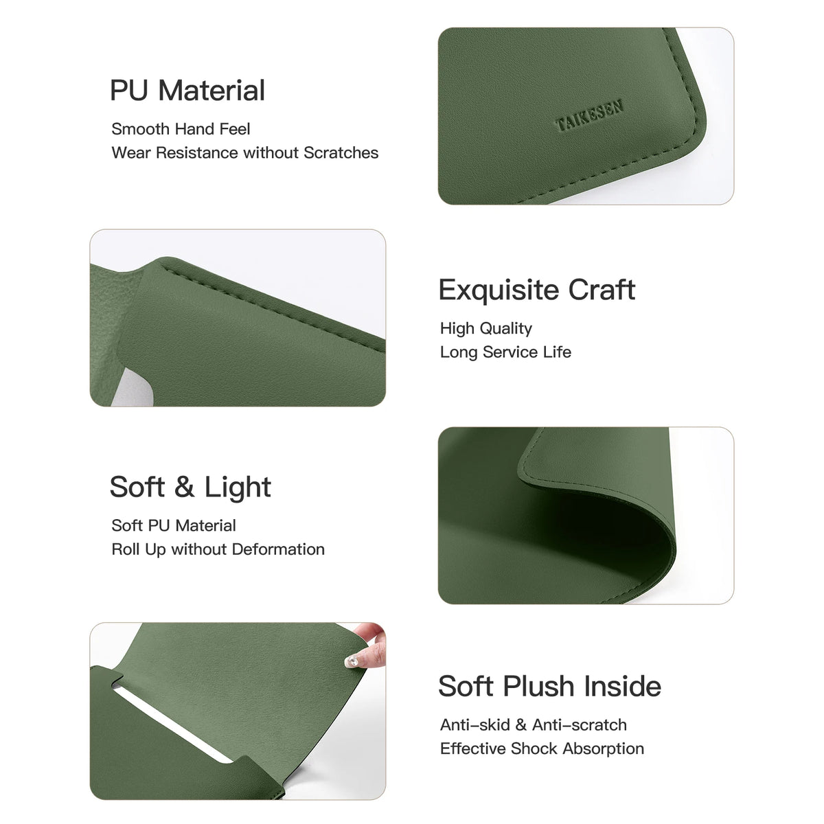 Grüner PU-Laptop-Sleeve in verschiedenen Ansichten, der seine Glätte, Haltbarkeit und weiche Innenseite zeigt.