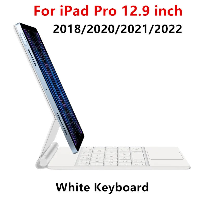 White Magic Keyboard cover for an iPad Pro 12.9 inch, shown with the tablet and keyboard.