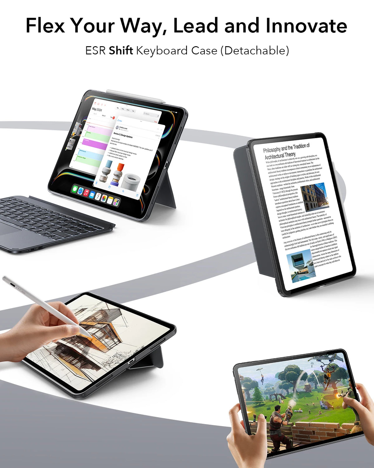 Una funda de teclado ESR Shift para tableta, mostrando su diseño desmontable.