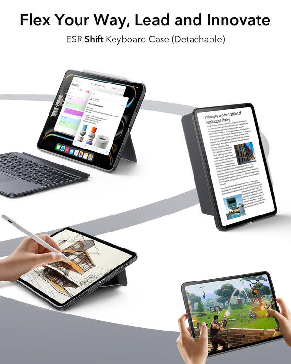 A display shows an ESR Shift Keyboard Case for a tablet, demonstrating its detachable design.