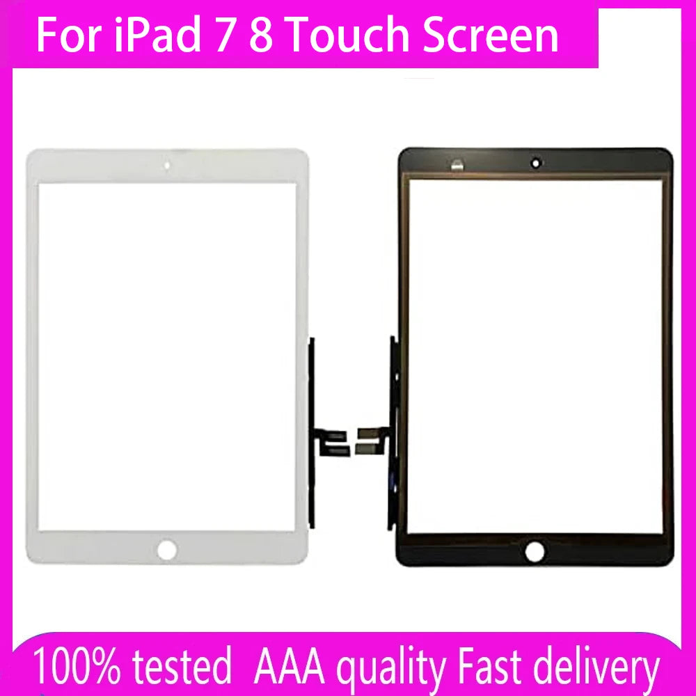 Weißer iPad 7 8 Touchscreen-Ersatzteil neben seiner Verpackung