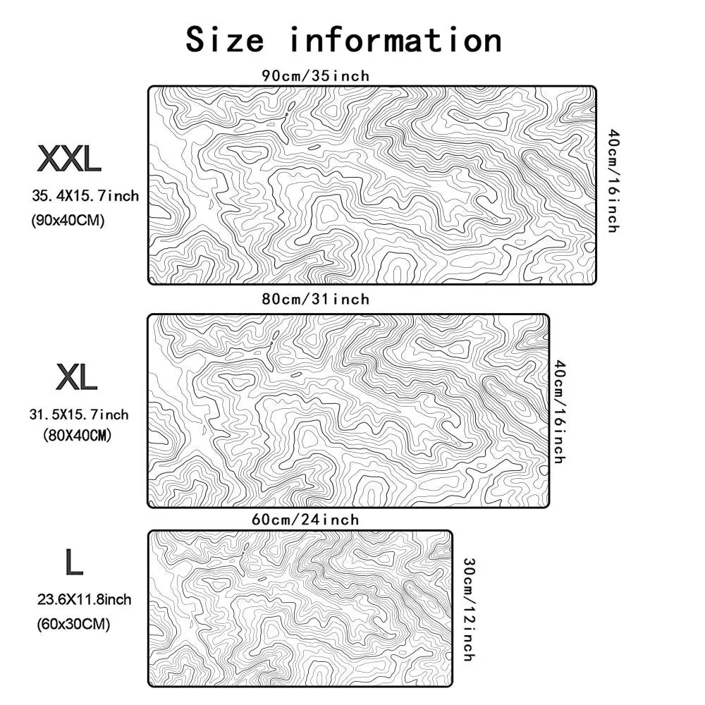A comparison chart showing the size information for XXL, XL, and L gaming mouse pads in centimeters and inches.