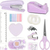 A collection of purple and pink desktop stationery items including a cutter, heart-shaped stamp, and various tools.