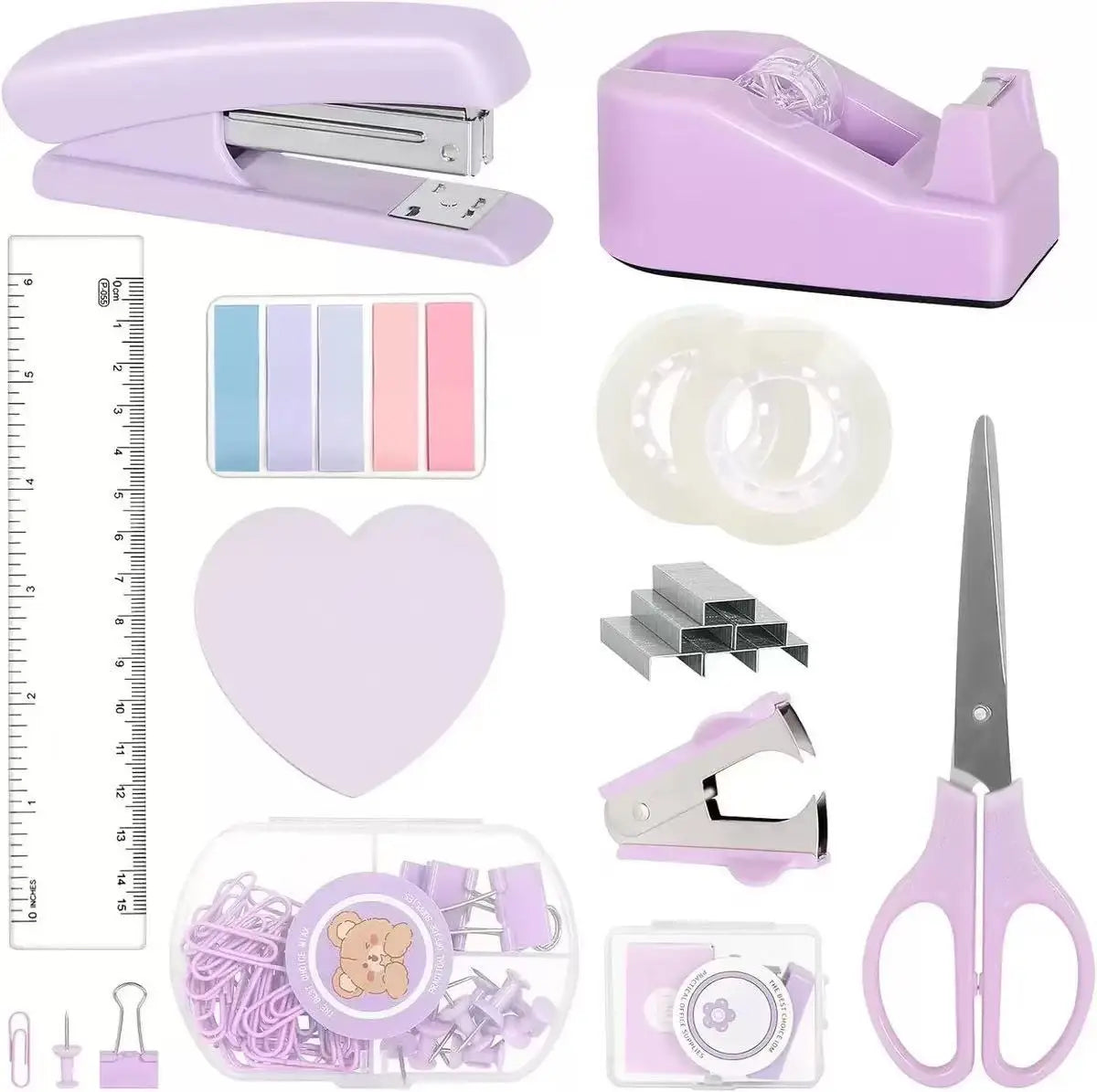 A collection of purple and pink desktop stationery items including a cutter, heart-shaped stamp, and various tools.