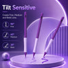 A purple tilt sensitive stylus pen shown with various line thicknesses and angles for fine, medium, and bold lines.