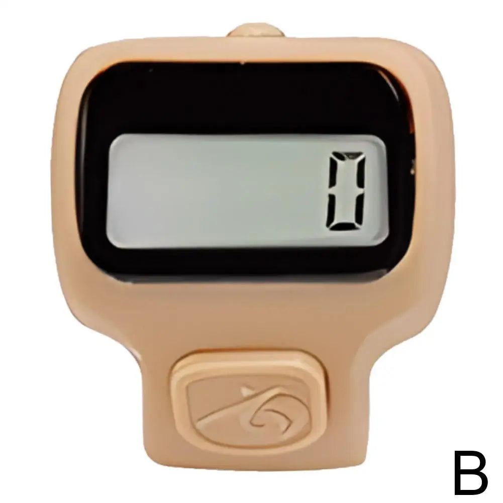 A beige digital counter device with a black screen and a round button on the front.