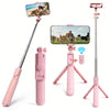 Rosa kabelloser Selfie-Stick mit Stativbefestigung und Smartphone, in verschiedenen Konfigurationen.