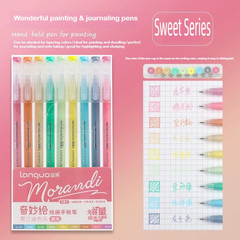 A set of Morandi gel pens in various colors displayed next to a grid showing color variations.