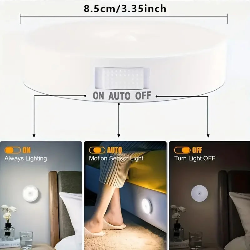 A white motion sensor LED night light is shown with ON and OFF settings, demonstrating its use for cabinets and wardrobes.