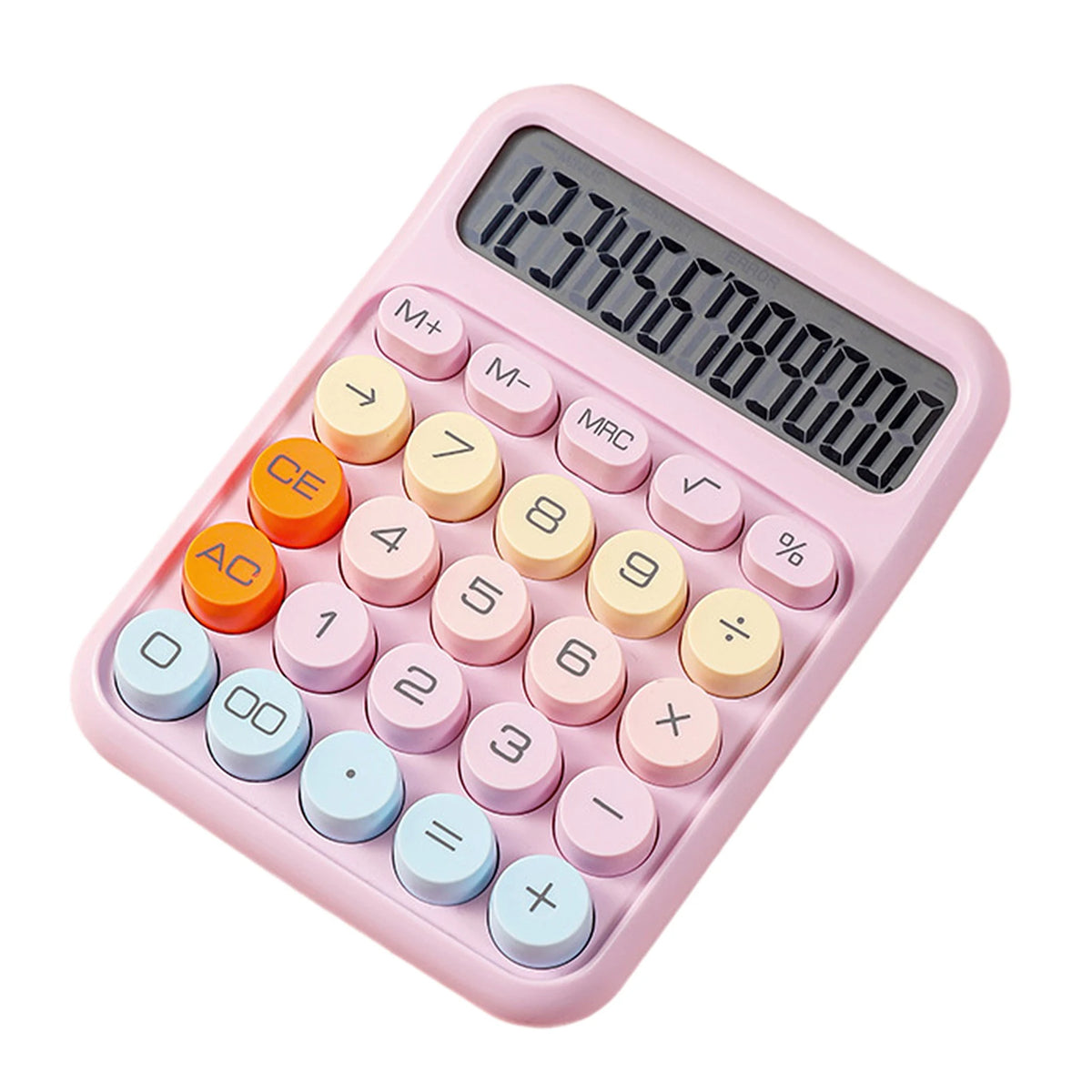 A pink mechanical 12-digit calculator with round keys displaying the number 1234567890000.