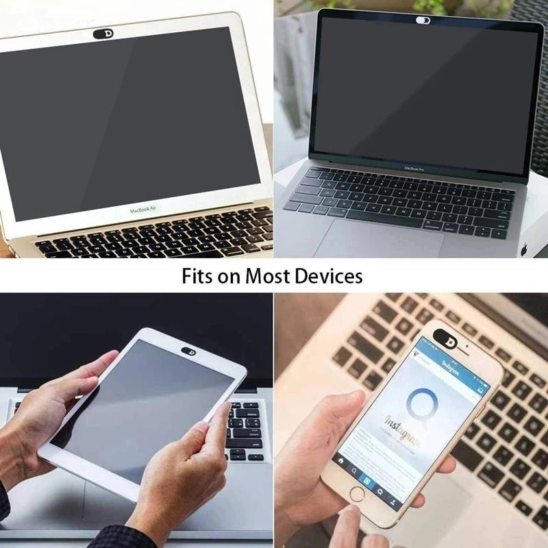 A privacy webcam shutter slider is shown fitting onto various digital devices including a laptop and an iPad.
