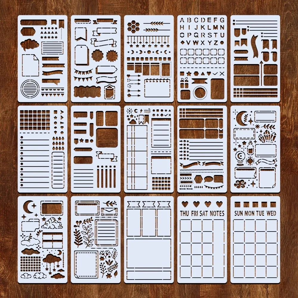 A collection of 15 reusable journal and scrapbooking stencils for drawing and crafting