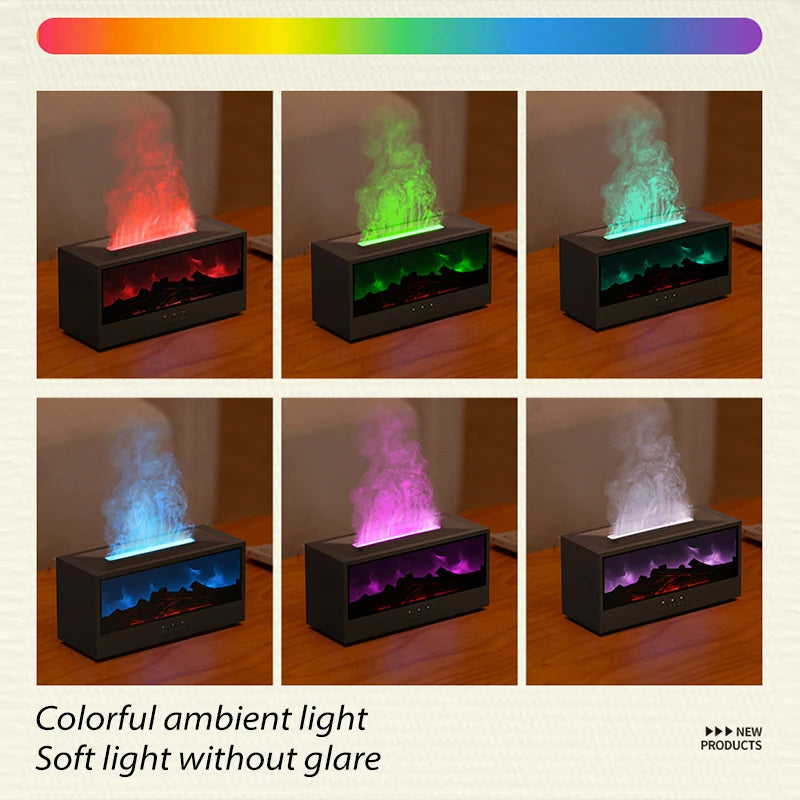 A set of four aroma essential oil diffusers displaying various colors, including red, green, blue, and purple light.
