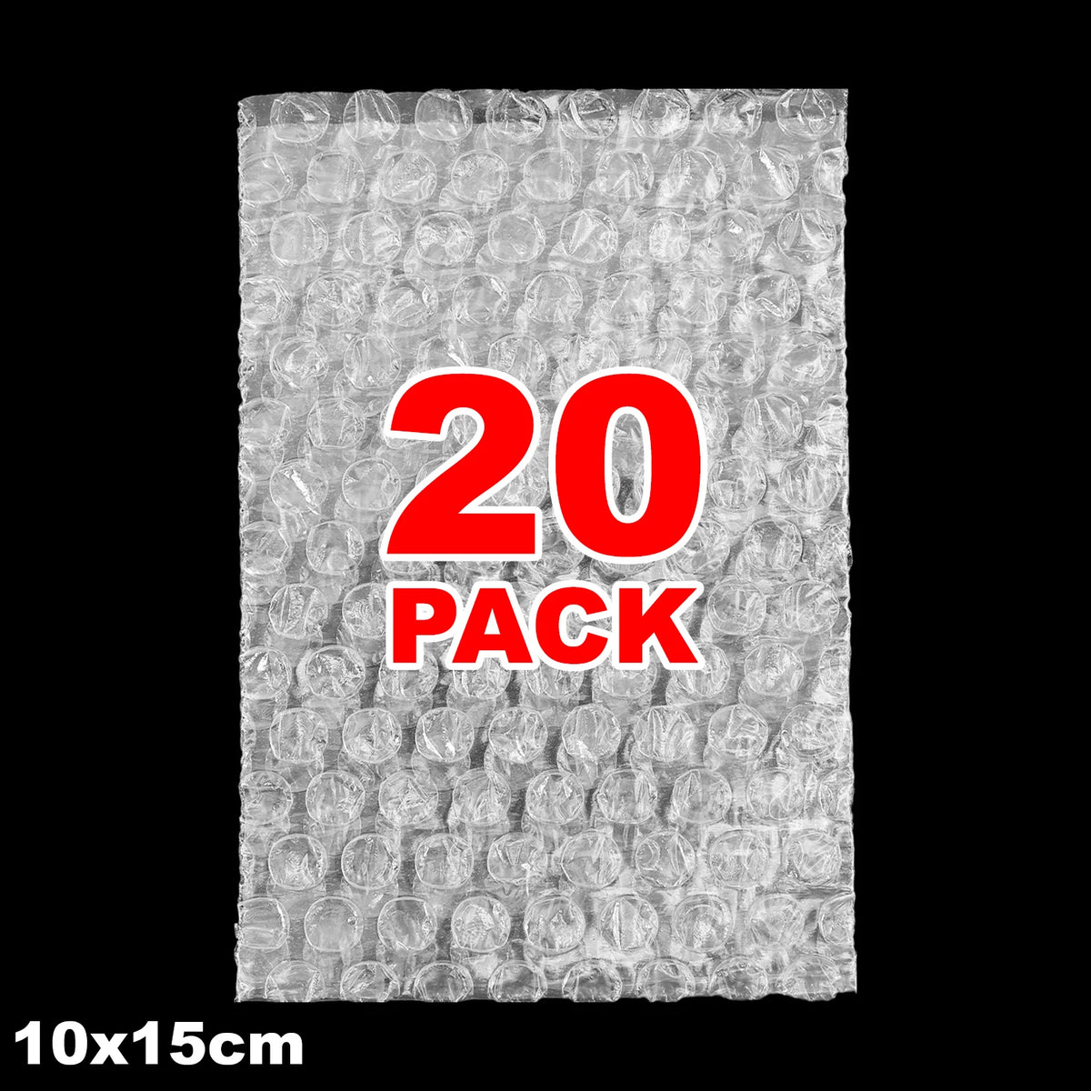 A sheet of clear bubble wrap, packaged in a 10x15 inch size, with the text "20 PACK" printed on it.