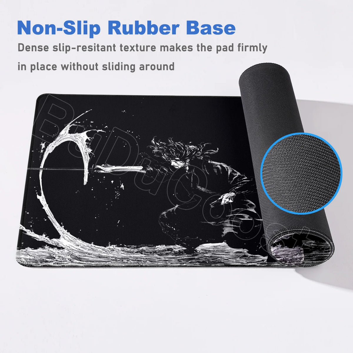 Black non-slip rubber mousepad with a rolled-up grip shown next to it.