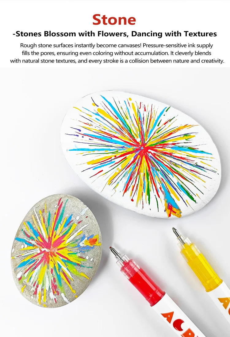 A set of high-gloss acrylic marker pens creating colorful, textured strokes on a white surface.