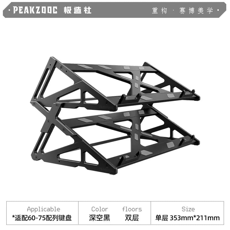 Black metal keyboard display stand with a sturdy, geometric frame for mechanical keyboards