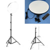 A 10-inch LED ring light with a tripod stand and boom arm shown in multiple views.