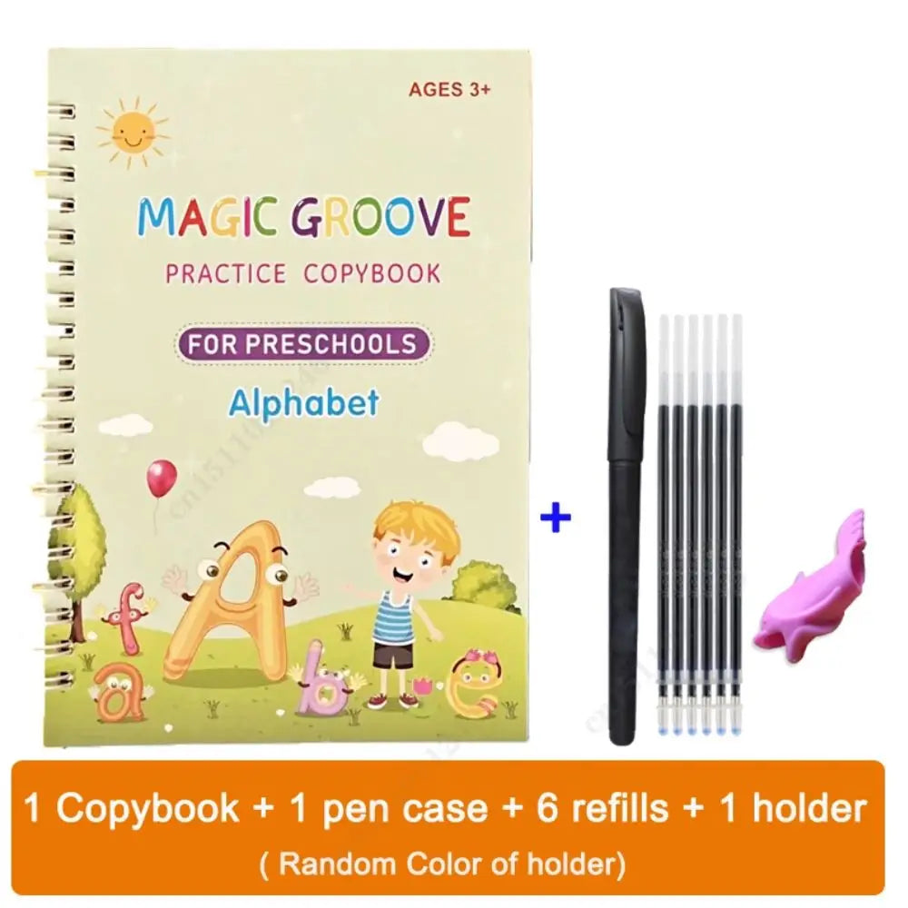 Magic Groove practice copybook for preschoolers with alphabet pages, a pen case, and six refills.