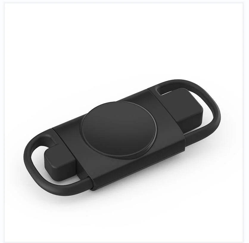 A black magnetic wireless charger designed to hold and charge an Apple Watch.