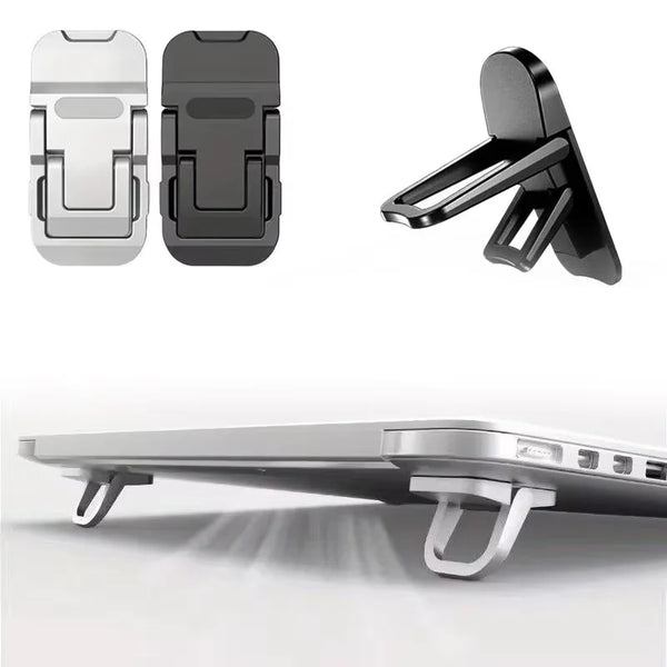 A set of two foldable laptop and tablet stands, including a clamp-style holder and a flat mounting riser.