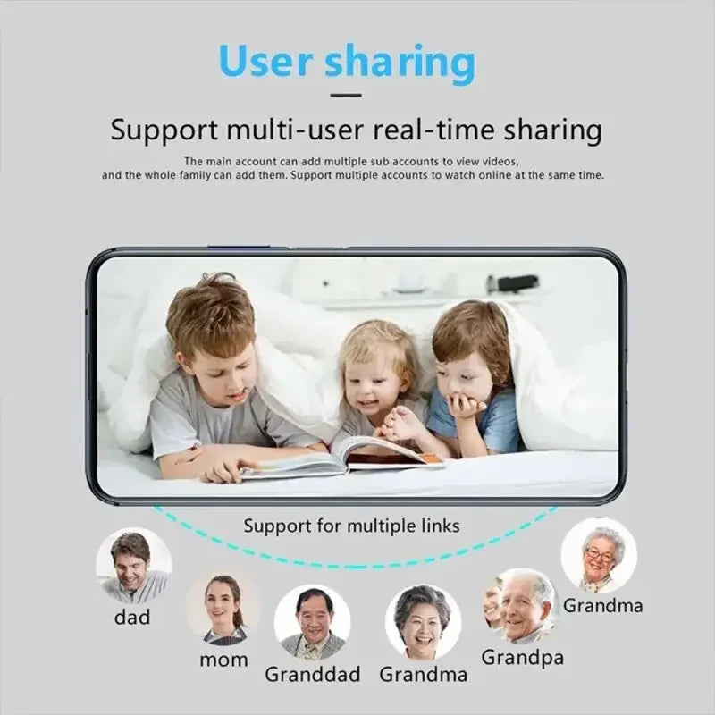 A mobile screen shows a user sharing videos with multiple family members via real-time streaming.