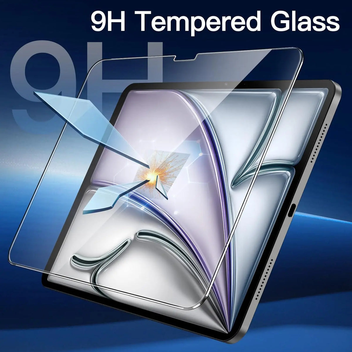 A close-up view of a tablet screen protected by 9H tempered glass, showing the clarity and strength of the protector.