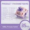 A close-up view of a pink silent switch product with technical parameters listed.