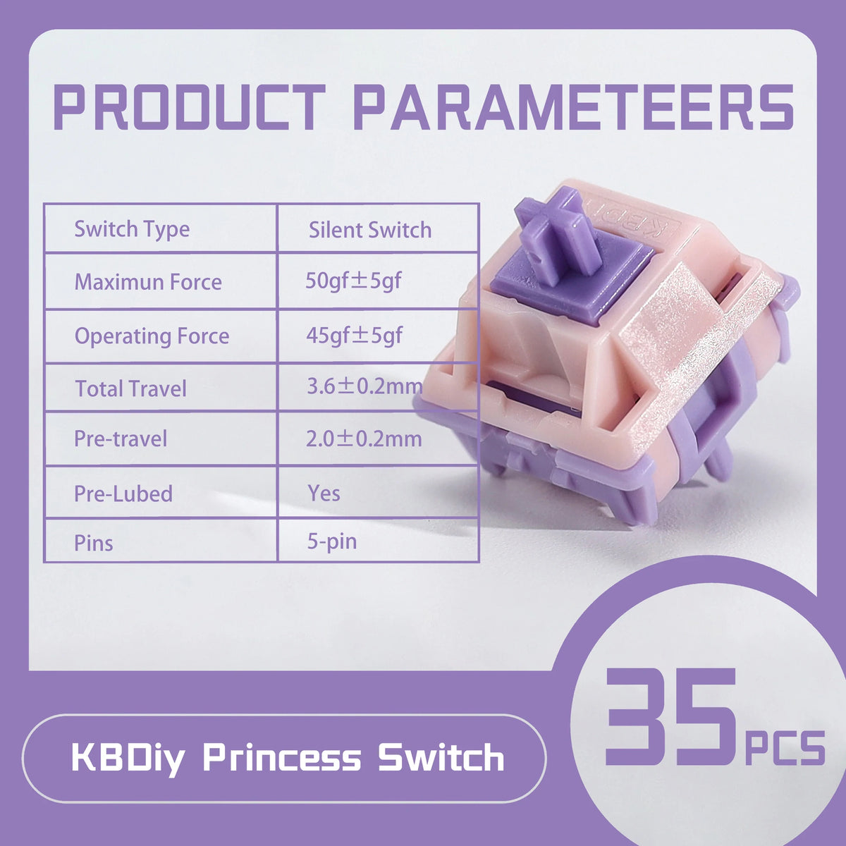 A close-up view of a pink silent switch product with technical parameters listed.
