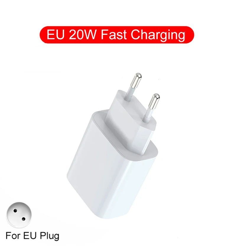 Weißer EU 20W Schnellladeadapter mit Standardstecker für Schnellladegeräte.