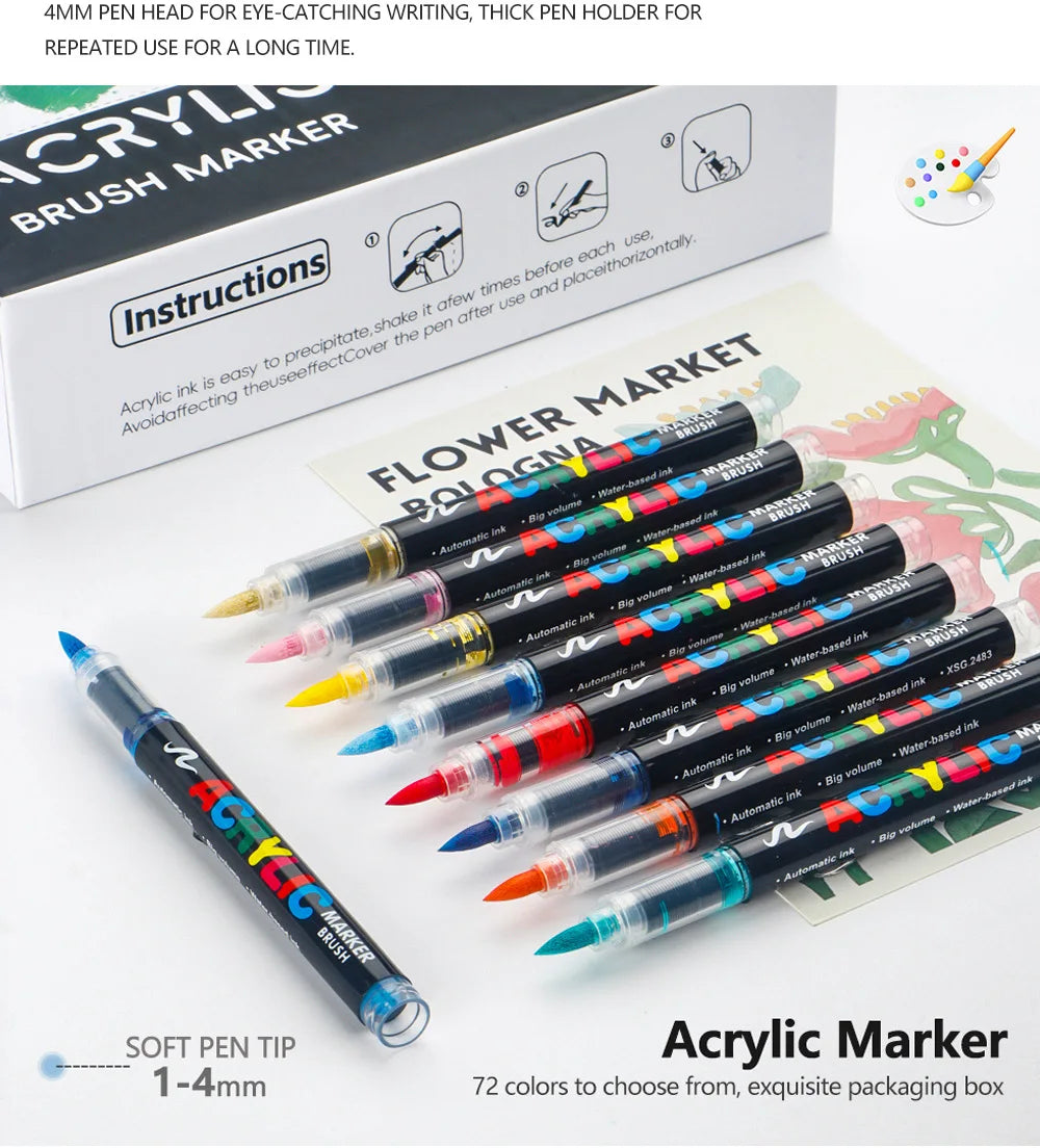 A set of 72 colors of acrylic marker pens packaged in a box for DIY crafts