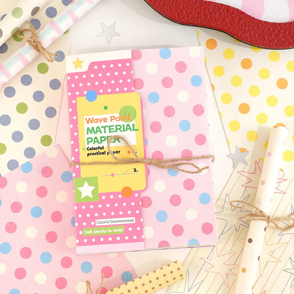 Hojas de papel para scrapbooking de cuadrícula rosa con puntos decorativos y una etiqueta amarilla para papel de punto de ola