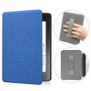 A blue premium leather case for a Kindle Paperwhite, shown with an inset of the product and a hand demonstrating its fit.