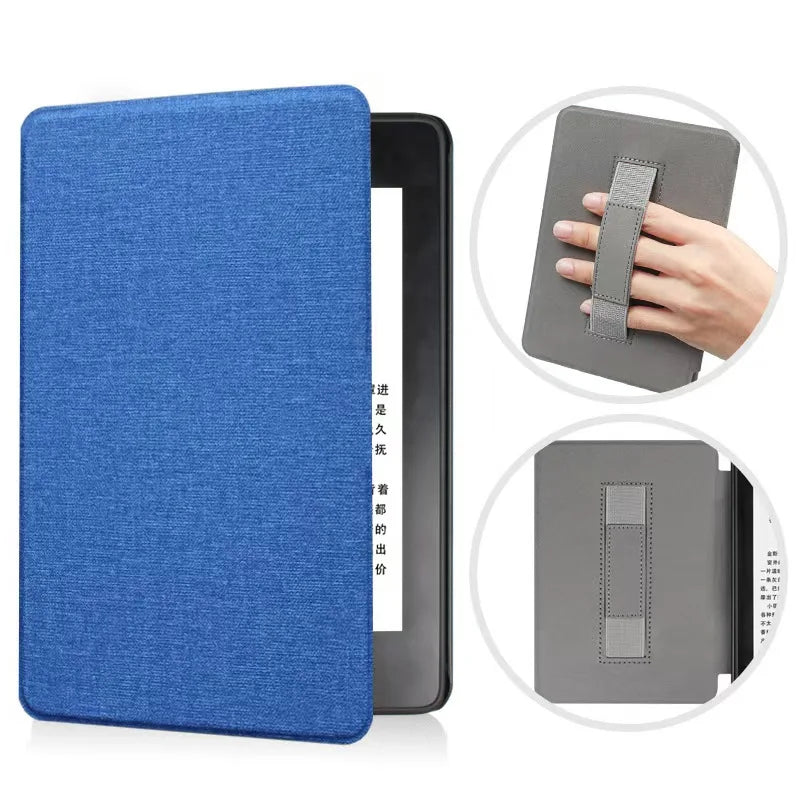 A blue premium leather case for a Kindle Paperwhite, shown with an inset of the product and a hand demonstrating its fit.