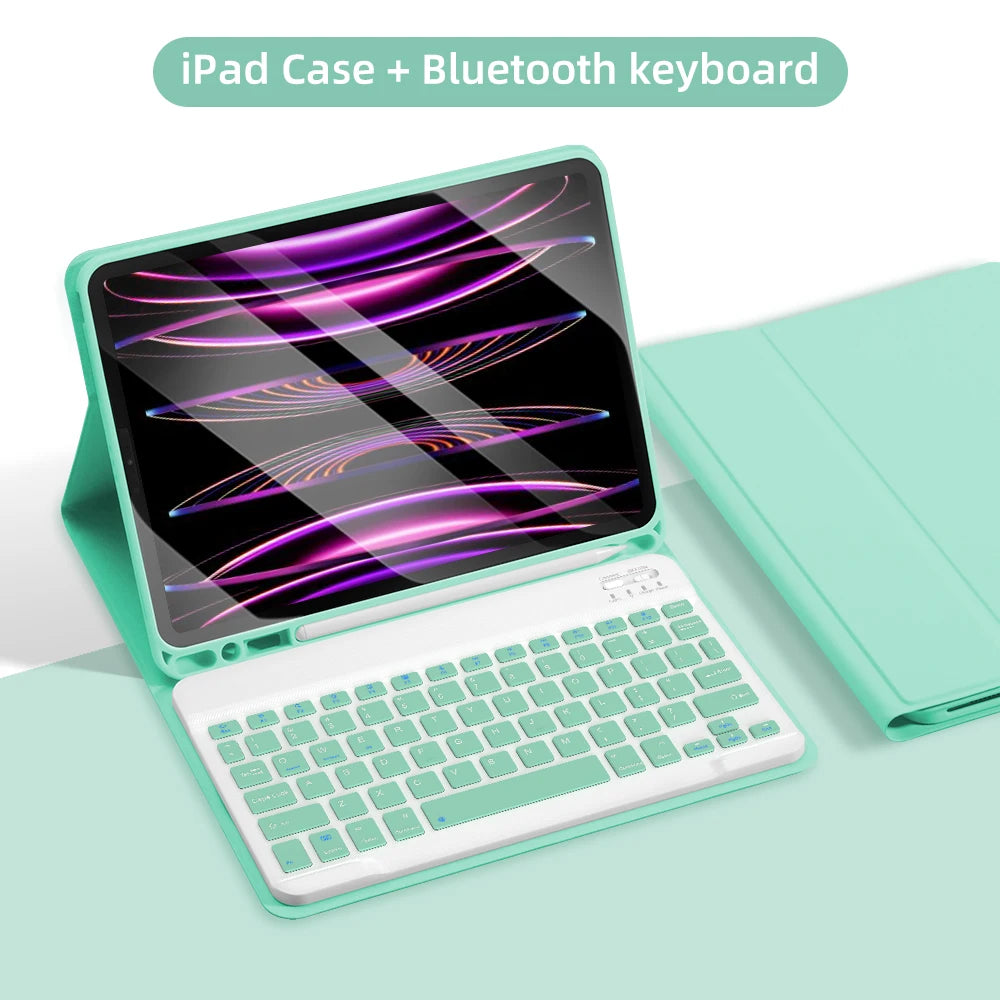A teal iPad case with a Bluetooth keyboard is shown open, displaying a colorful light pattern on the screen.