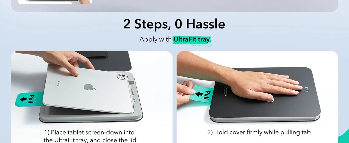 Hands are shown placing a tablet screen-down into the UltraFit tray for installation.