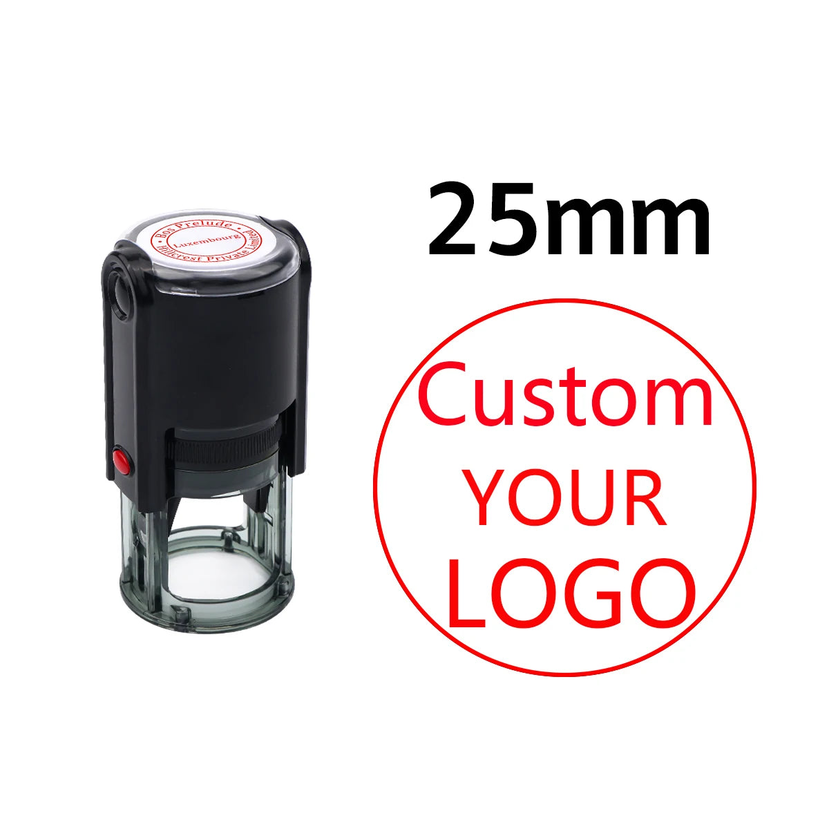 A black self-inking stamp with a clear cylinder, showing a 25mm size specification.