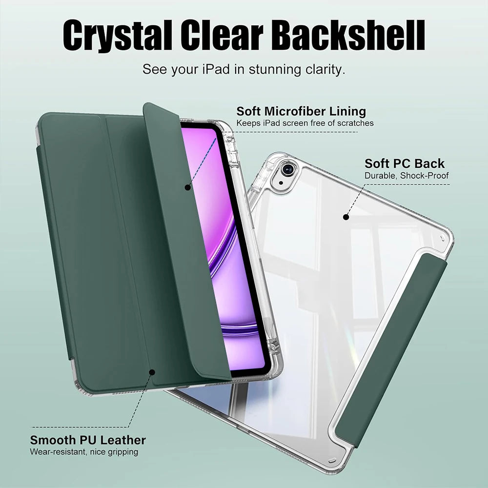 A clear backshell case for an iPad, featuring a soft microfiber lining and smooth PU leather finish.