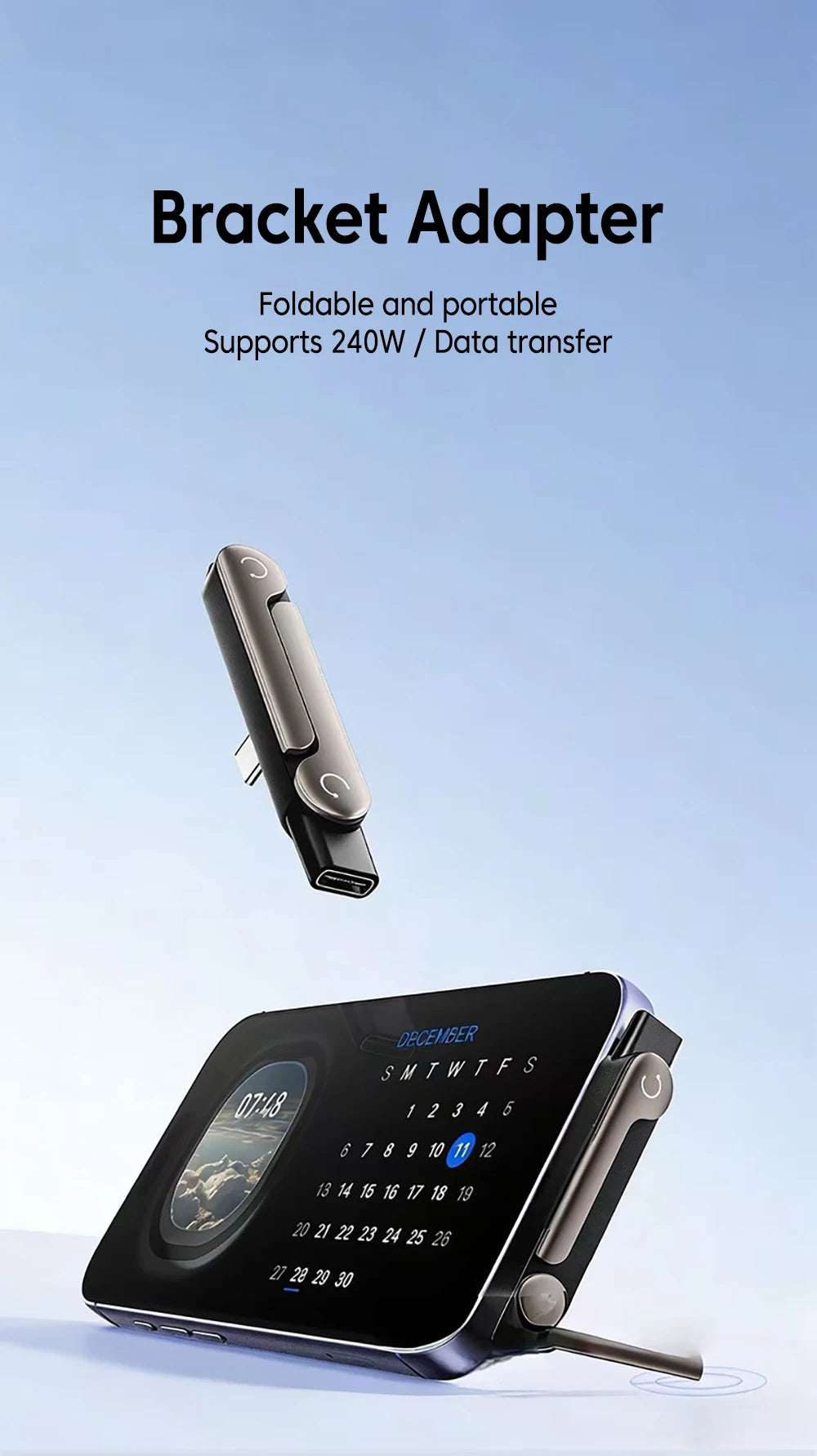 A black foldable bracket adapter is shown next to a smartphone, demonstrating its portable design for data transfer.