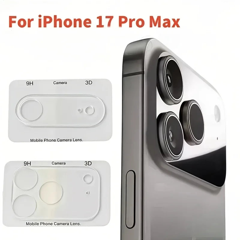 A close-up view of a full coverage tempered glass camera lens protector for an iPhone 17 Pro Max, showing various lens design