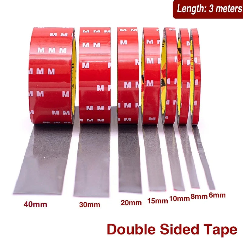 Roll of 3 meter double sided tape with various widths including 40mm, 30mm, 20mm, 15mm, 10mm, 8mm, and 6mm.