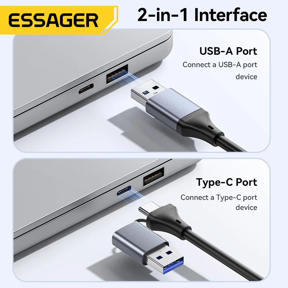 An ESSAGER 2-in-1 interface showing connections for both USB-A and Type-C devices.