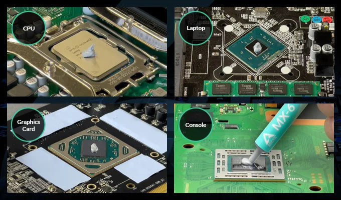 Images showing the CPU, Graphics Card, and a console featuring Arctic MX-6 high-performance thermal paste.