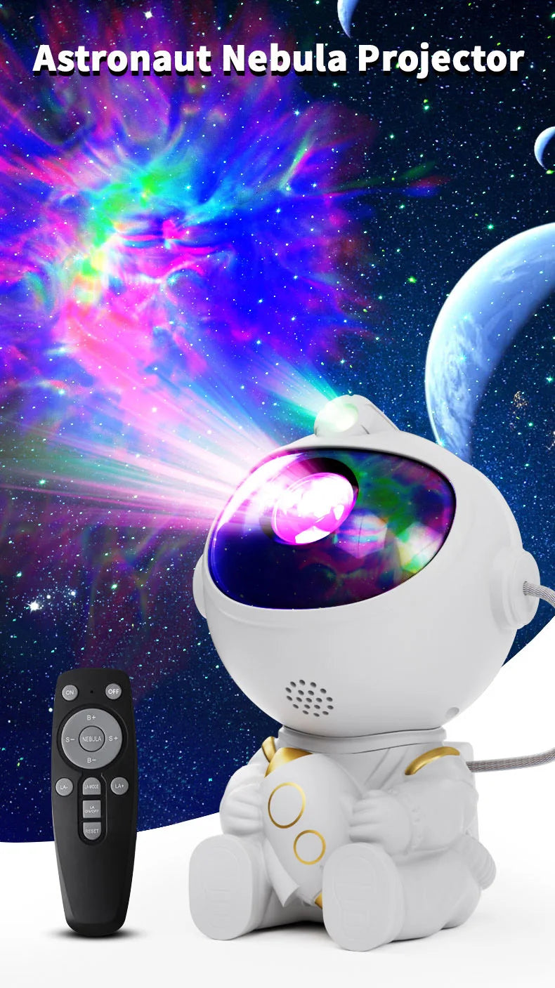 Projecteur d'astronaute blanc avec une lentille violette projetant un motif de nébuleuse colorée sur un fond sombre.