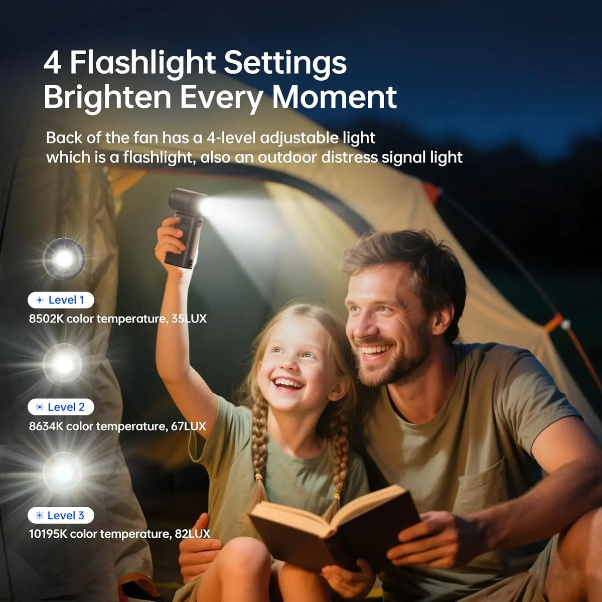 A man and a girl are outdoors using a handheld flashlight feature on a fan.