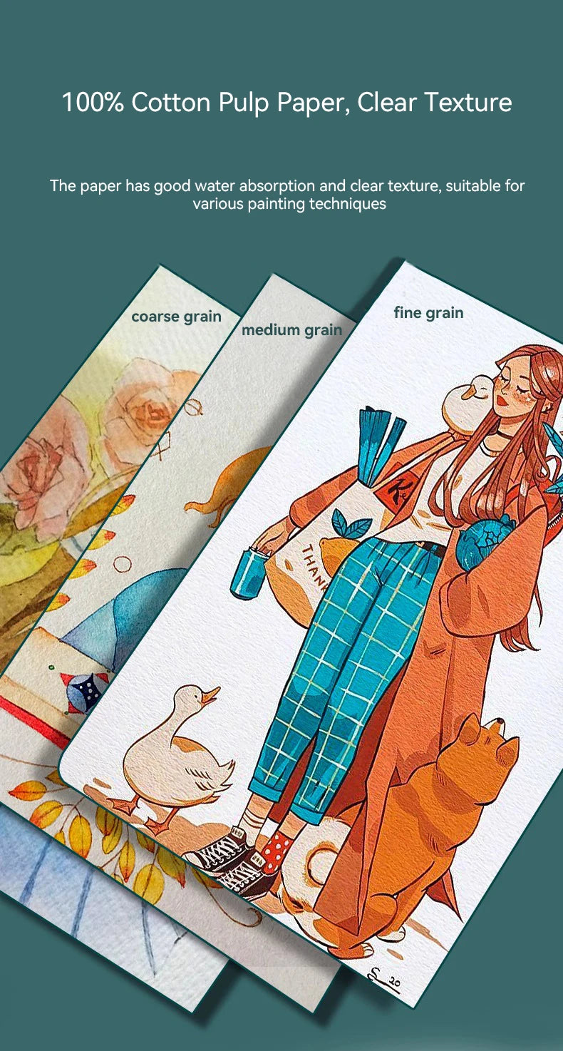 A set of 100% cotton pulp watercolor paper cards showing various painting techniques and textures.