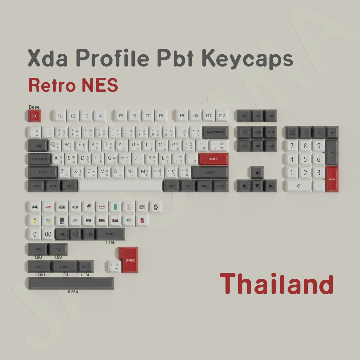 A set of Retro NES style PBT keycaps for mechanical keyboards, featuring various keys and modifiers.