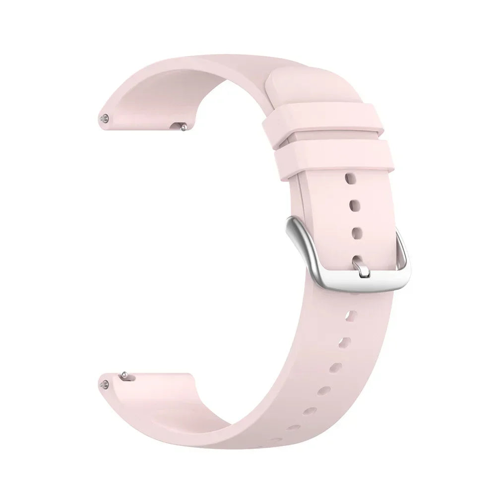 A light pink silicone watch band for a smartwatch, shown from the side.